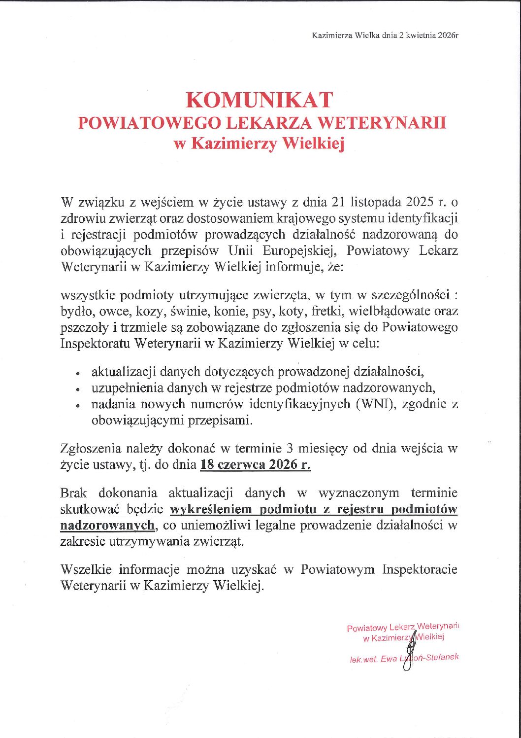 Komunikat Powiatowego Lekarza Weterynarii